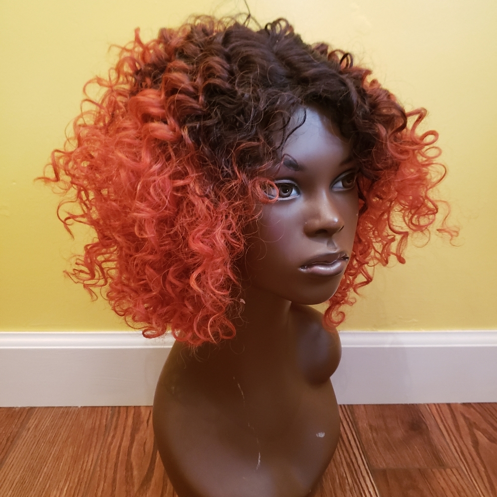 Orange dark brown spiral synthetic wig lace part